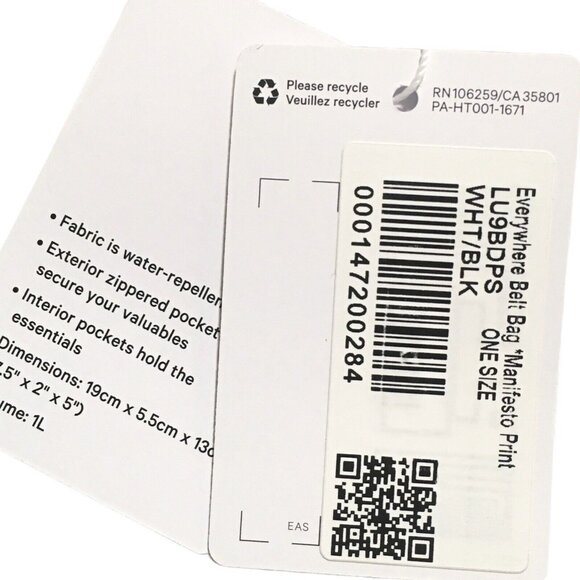 Lululemon Everywhere Belt Bag 1L White Manifesto Print Nylon Unisex Fanny Pack - Picture 4 of 11